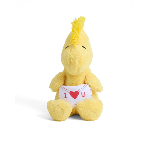 Warmies Love Letter Woodstock Plush front view with I heart you message