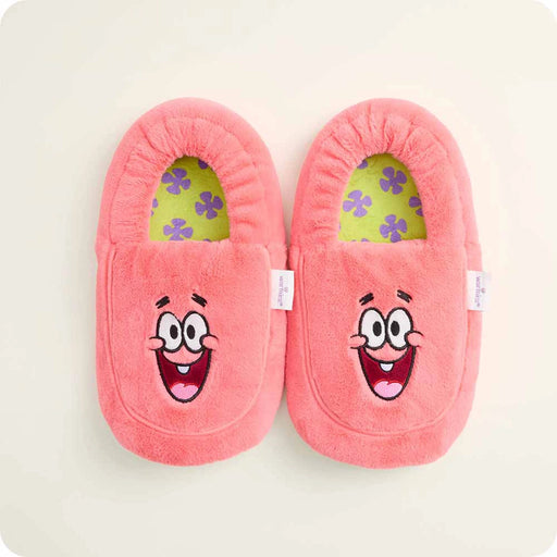 Pair of Warmies Patrick Star slippers front view with smiling embroidered faces
