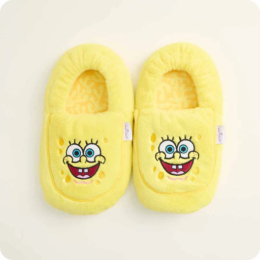 Warmies SpongeBob Slippers top view featuring embroidered SpongeBob face and plush padding