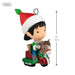 Christmas ornament of a child with a Santa hat riding a horse with measurements 