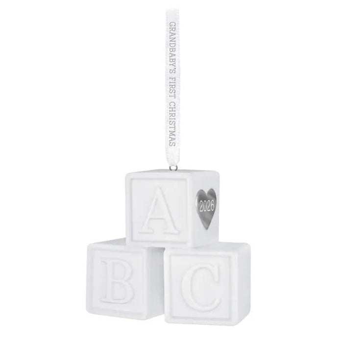White baby blocks ornament with 'Grandbaby's First Christmas 2026' text on a white background
