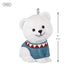 White polar bear figurine with a blue sweater and red trim, featuring measurements on a white background.