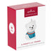 Hallmark Keepsake Christmas ornament packaging with a white bear in a blue sweater on a red and white box.
