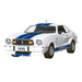 White 1976 Ford Mustang Cobra II die-cast ornament with blue racing stripes and snake emblem
