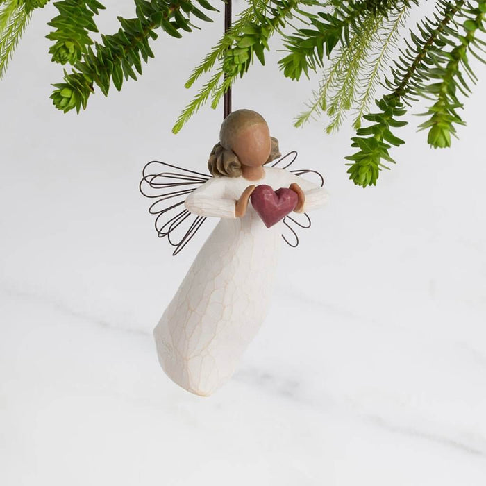 Willow Tree With Love ornament – hand-painted resin angel with wire wings holding red heart, symbolic holiday or love-themed gift.