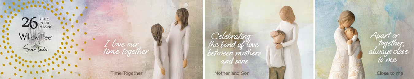 Three images of a mother and son with text about their bond, set against a soft, multicolored background.