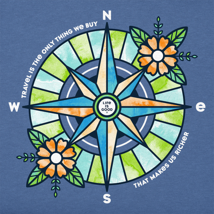 Life Is Good : Women's Washy Floral Compass Richer - Long Sleeve Crusher-LITE T-Shirt in Vintage Blue