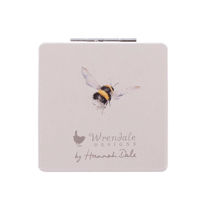 Back view of Wrendale Designs Flight of the Bumblebee compact mirror featuring bumblebee artwork and Wrendale logo.