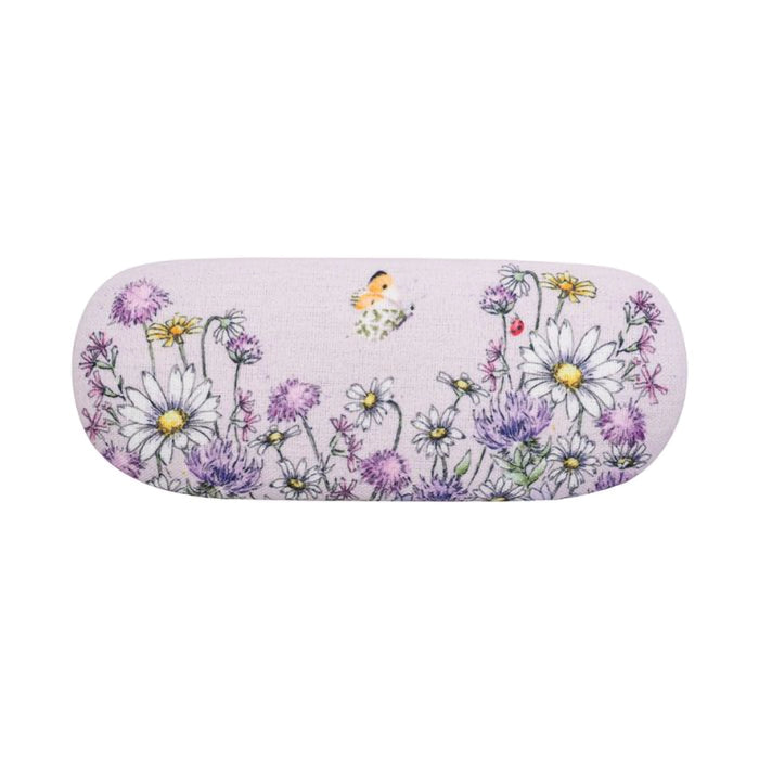 Back of Wrendale Designs 'Just Bee-cause' eyeglass case featuring butterfly, daisies, and wildflower artwork
