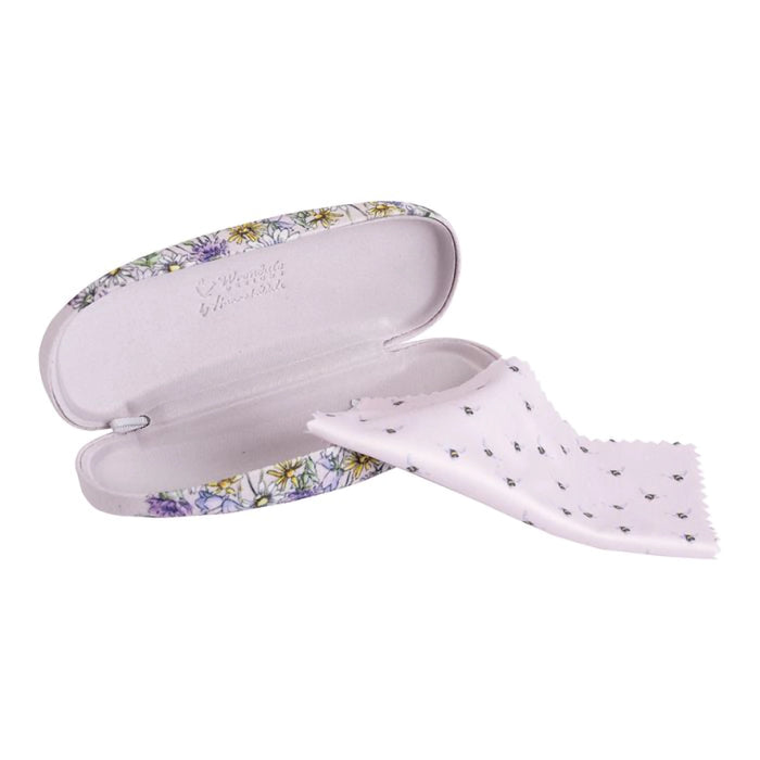 Open Wrendale Designs 'Just Bee-cause' eyeglass case with floral design and matching microfiber cleaning cloth