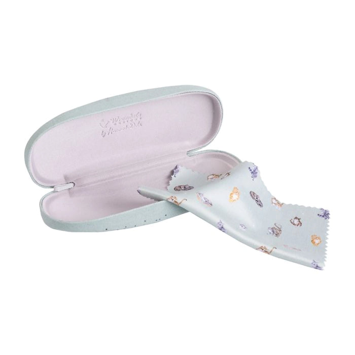 Wrendale Designs Sweet Dreams Cat Glasses Case open with soft illustrated cleaning cloth