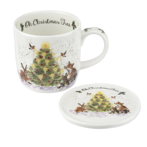 Wrendale Designs Oh Christmas Tree mug and matching coaster set featuring woodland animals and Christmas tree illustration.