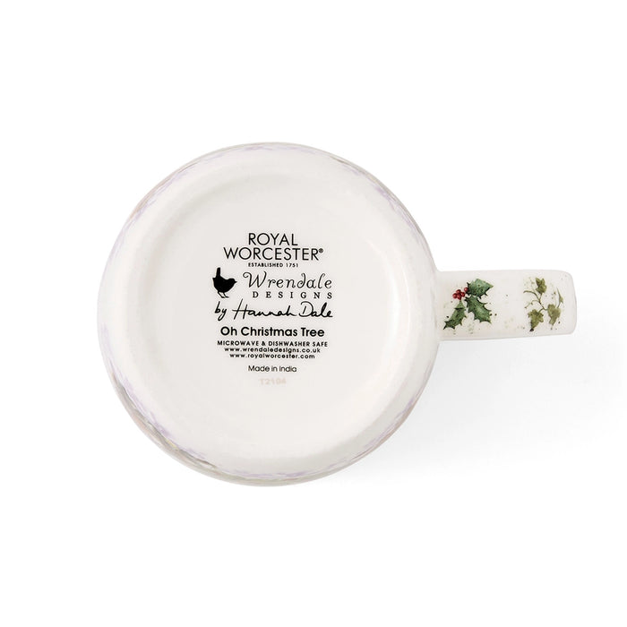 Bottom of Wrendale Designs Oh Christmas Tree mug by Royal Worcester showing product markings and holly detail on handle.