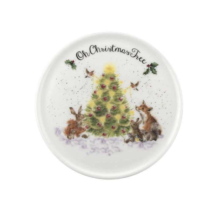 Close-up of Oh Christmas Tree ceramic coaster by Wrendale Designs with woodland animals and decorated Christmas tree.