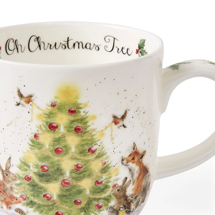Close-up of Wrendale Designs Oh Christmas Tree mug featuring woodland animals decorating a Christmas tree with gold lights and robins.