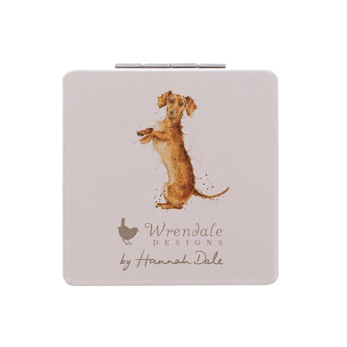 Back view of Wrendale Designs dachshund compact mirror featuring a playful brown dachshund illustration with Wrendale branding.