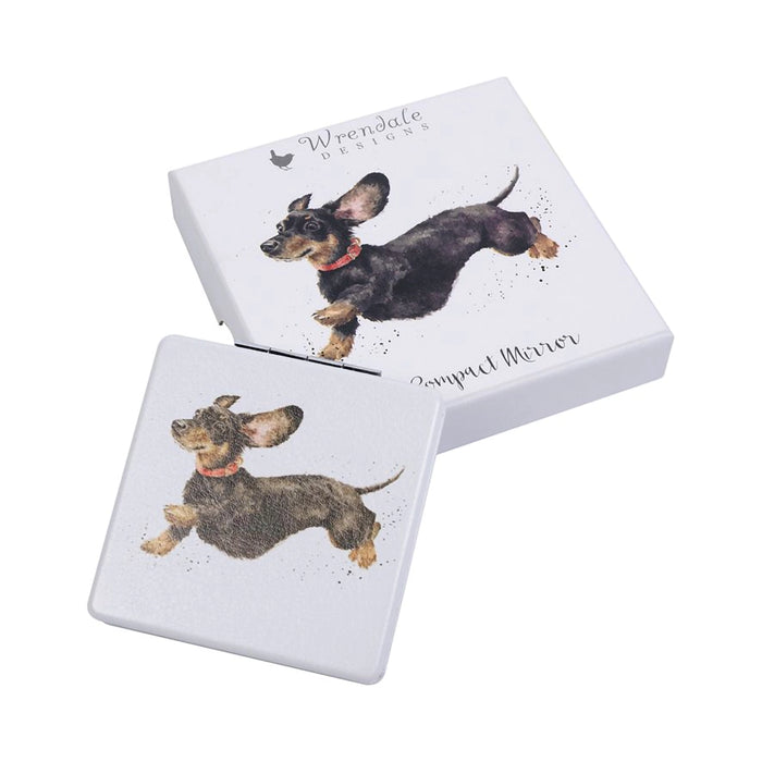 Wrendale Designs 'That Friday Feeling' dachshund compact mirror shown with its illustrated gift box.