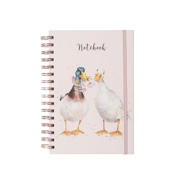 Wrendale Designs 'Not a Daisy Goes By' duck spiral bound journal featuring two watercolor ducks with daisies on a light pink hardcover notebook with elastic closure.