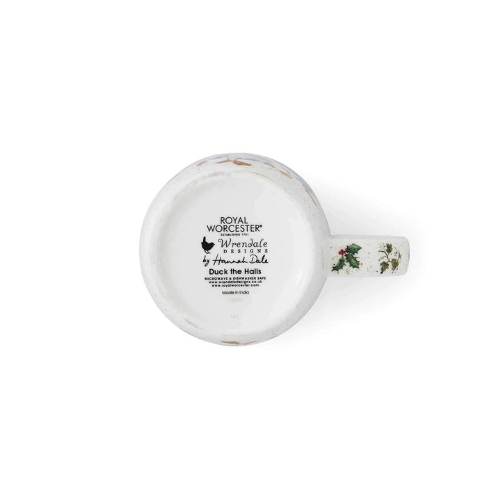 Bottom view of Wrendale Designs Duck The Halls mug showing Royal Worcester branding.