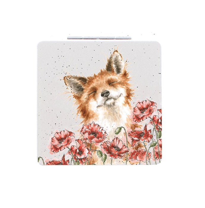 Wrendale Designs 'Poppy Fields' Fox Compact Mirror featuring a smiling fox surrounded by red poppies.