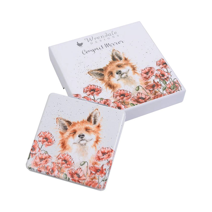 Gift-boxed Wrendale 'Poppy Fields' Fox Compact Mirror with countryside fox and poppy illustration.