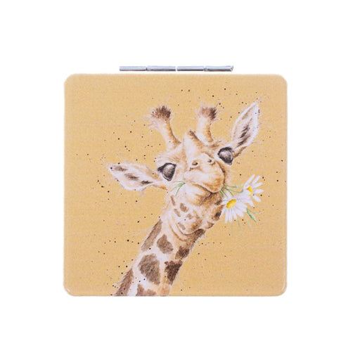 Wrendale Designs 'Flowers' Giraffe Compact Mirror with giraffe illustration holding daisies on a yellow background