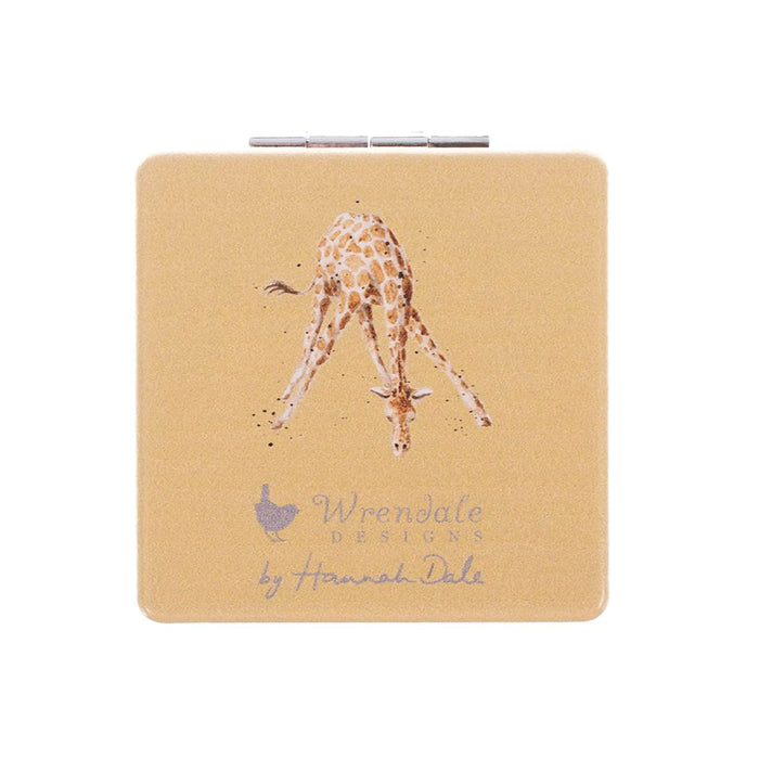 Back of Wrendale Designs giraffe compact mirror featuring playful giraffe illustration with Wrendale Designs logo.