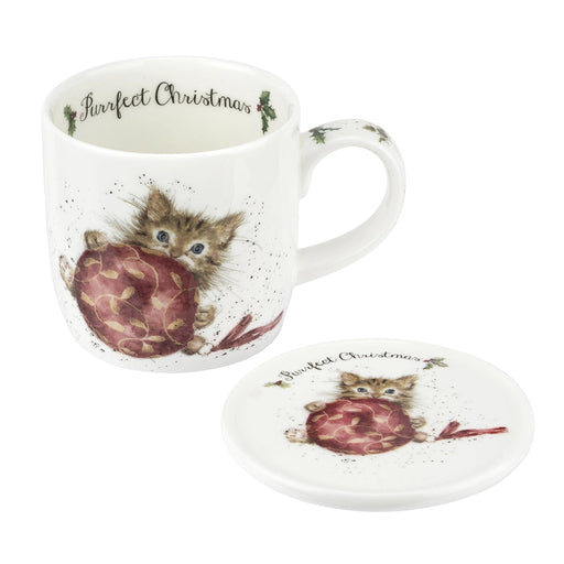 Wrendale Designs Purrfect Christmas kitten mug displayed with matching coaster set.