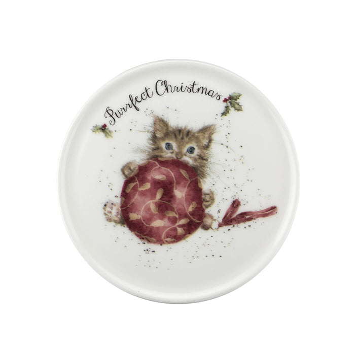 Close-up of Wrendale Designs ceramic coaster with kitten and Christmas bauble illustration and “Purrfect Christmas” text.