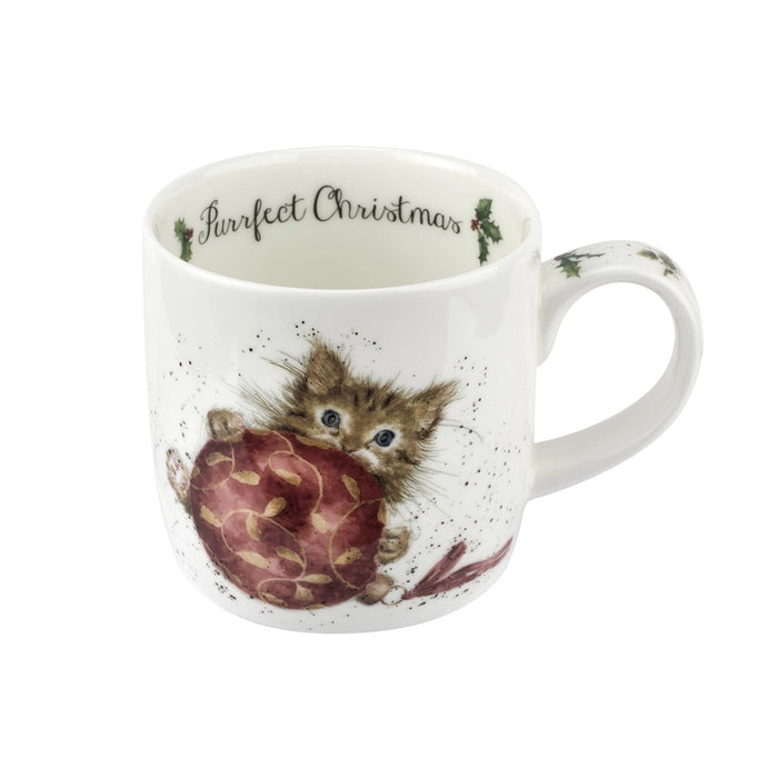 Fine bone china Christmas mug featuring Wrendale Designs kitten holding a festive bauble with “Purrfect Christmas” inside rim.