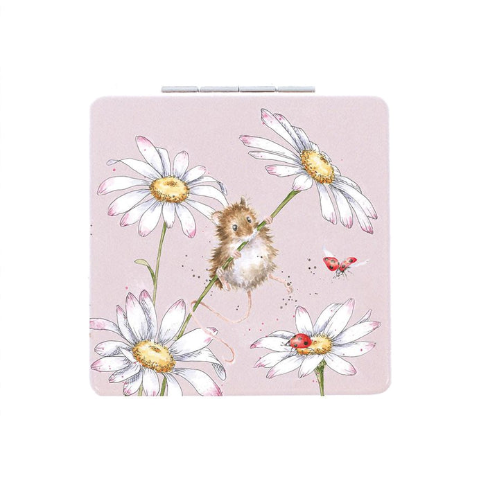 Wrendale Designs 'Oops a Daisy' compact mirror featuring a cute mouse clinging to a daisy stem with ladybird and butterfly illustration by Hannah Dale.