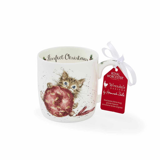Wrendale Designs Purrfect Christmas Kitten Mug on a wooden board with festive treats and decor