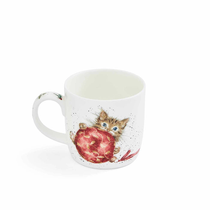 Front view of Wrendale Designs mug featuring kitten with Christmas bauble