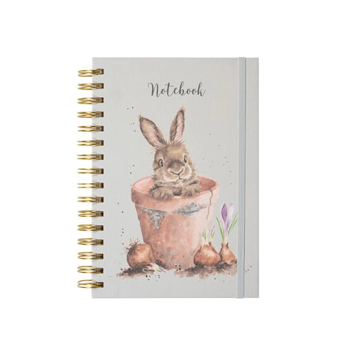 Wrendale Designs 'The Flower Pot' spiral bound rabbit journal with hardcover, featuring a watercolor bunny in a terracotta pot and crocus flowers on light background.