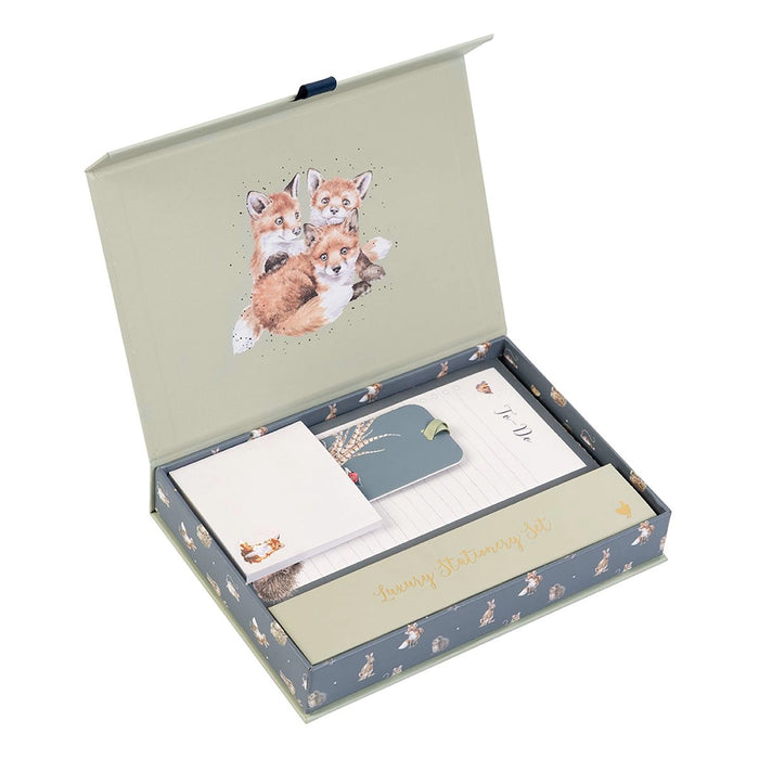 Open Wrendale Designs Signature Stationery Box showing fox illustration and stationery set including notepads, bookmark, and stickers.