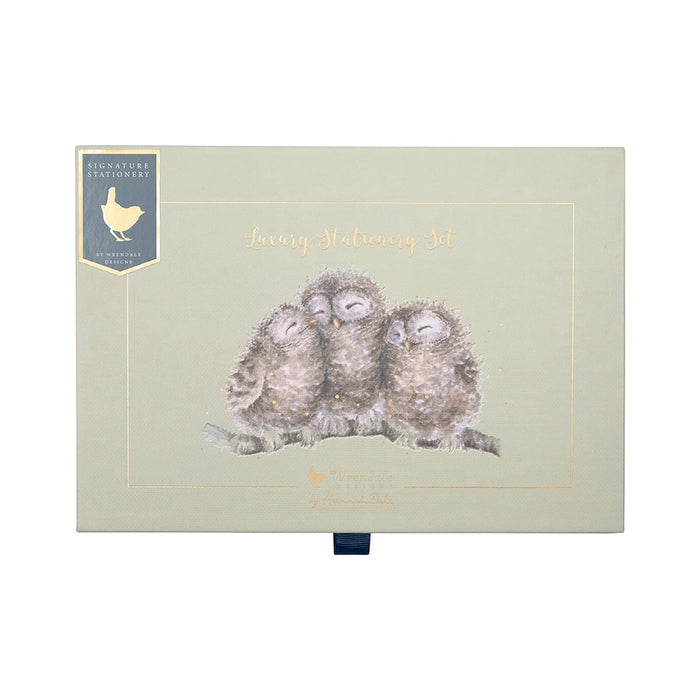 Wrendale Designs Signature Stationery Box with three owl illustration on lid – luxury writing set gift.
