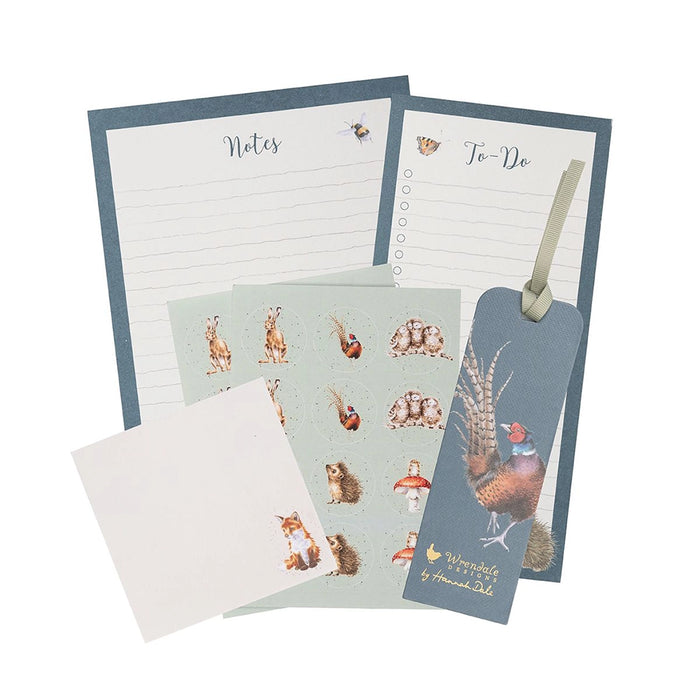 Wrendale Designs Signature Stationery Box contents – notes pad, to-do list, sticky notes, bookmark, and animal stickers.