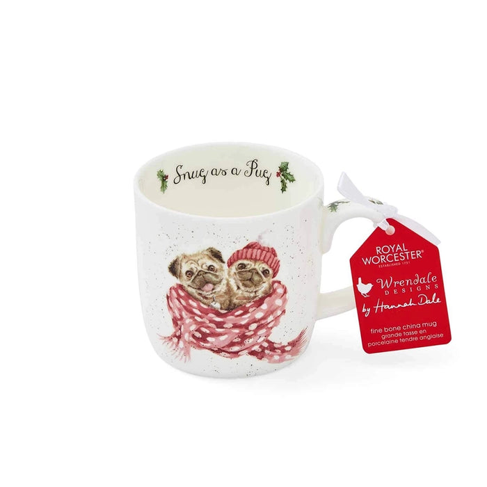 Wrendale Designs Snug as a Pug Mug with holiday pug illustration and red tag