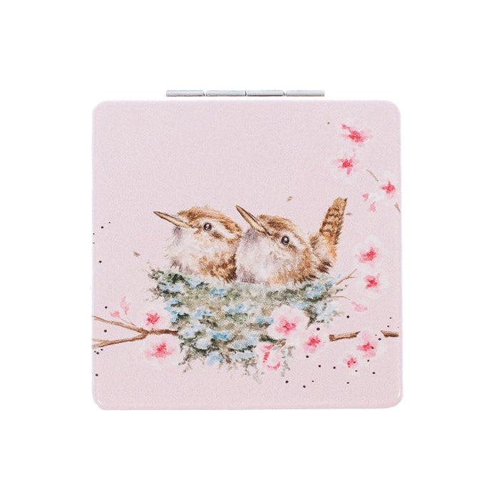 Wrendale Designs 'Home Tweet Home' compact mirror featuring two wrens in a nest with pink blossoms.