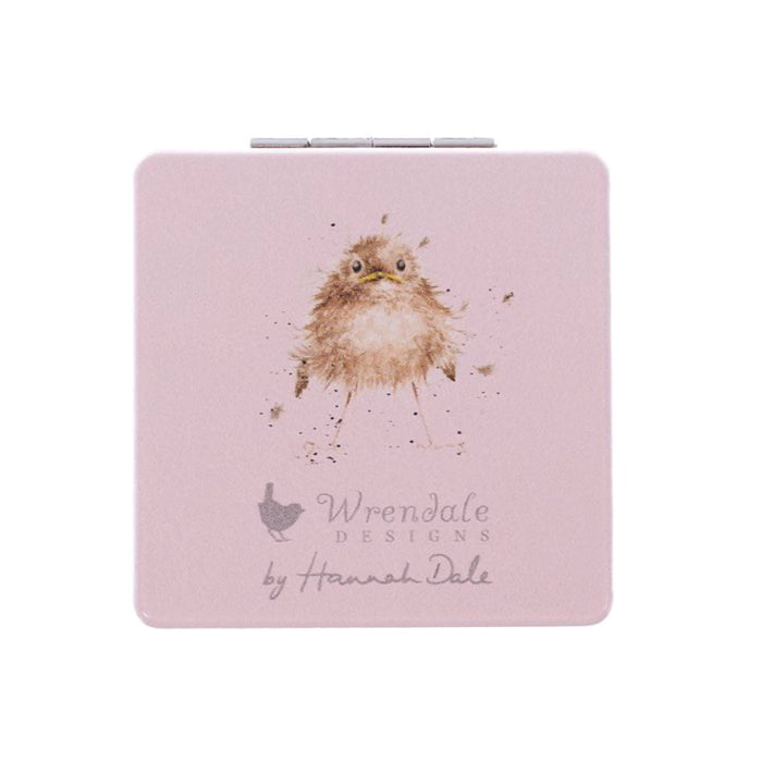 Back of Wrendale Designs 'Home Tweet Home' compact mirror showing a fluffy wren illustration and Wrendale branding.