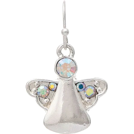 Silver angel-shaped earring with colorful gemstones on a white background