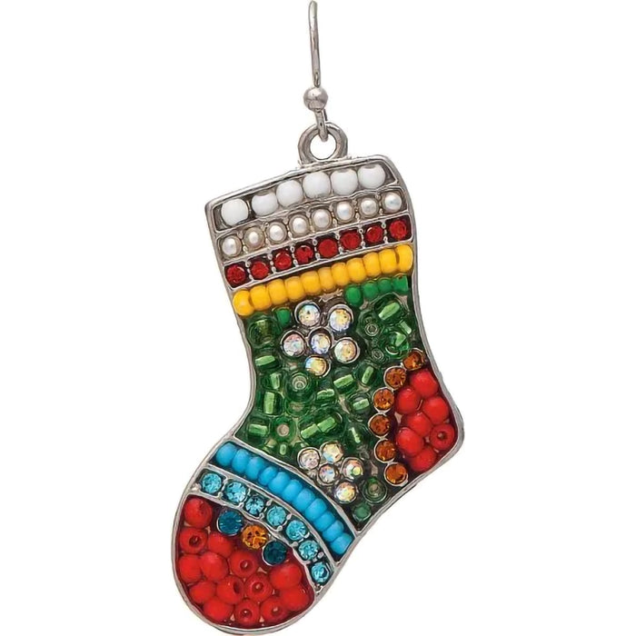 Colorful beaded stocking earring on a white background