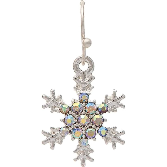 Silver snowflake earring with multicolored gemstones on a white background