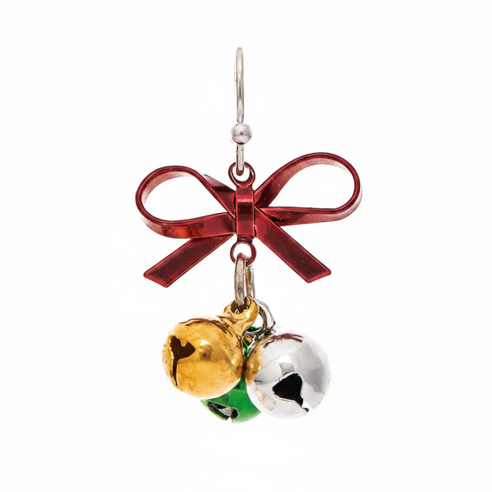 Rain Jewelry silver earrings with red bow tops and jingle bell charms.