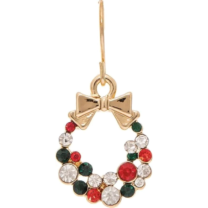 Gold Christmas Wreath earring with a bow and Christmas colored gemstones on a white background