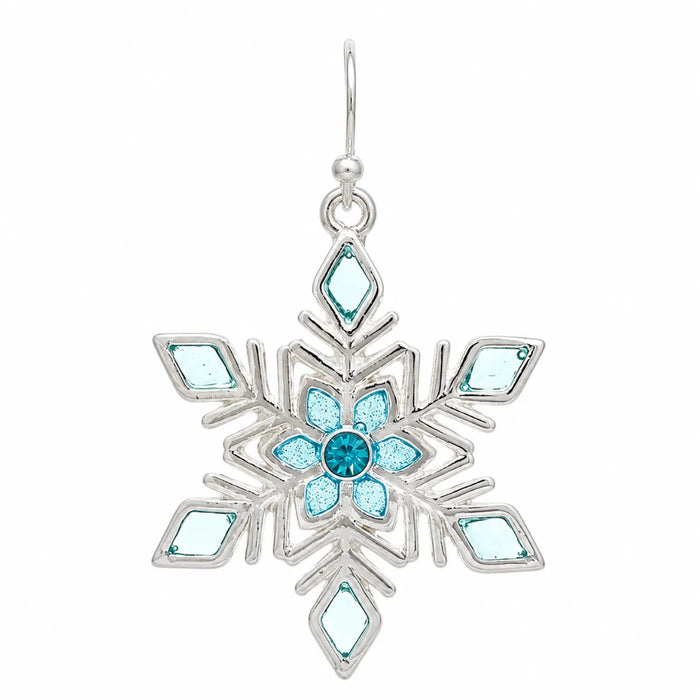 Rain Jewelry Silver Blue Inlay Snowflake Earrings featuring a delicate snowflake design with blue inlay accents.