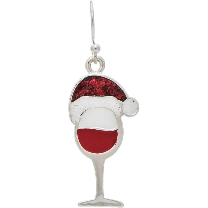 Silver earring with a wine glass and Santa hat design on a white background