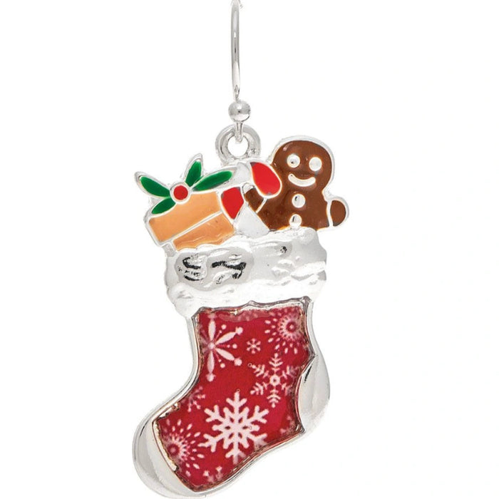Rain Jewelry silver enamel Christmas stocking earrings featuring a festive stuffed stocking design.