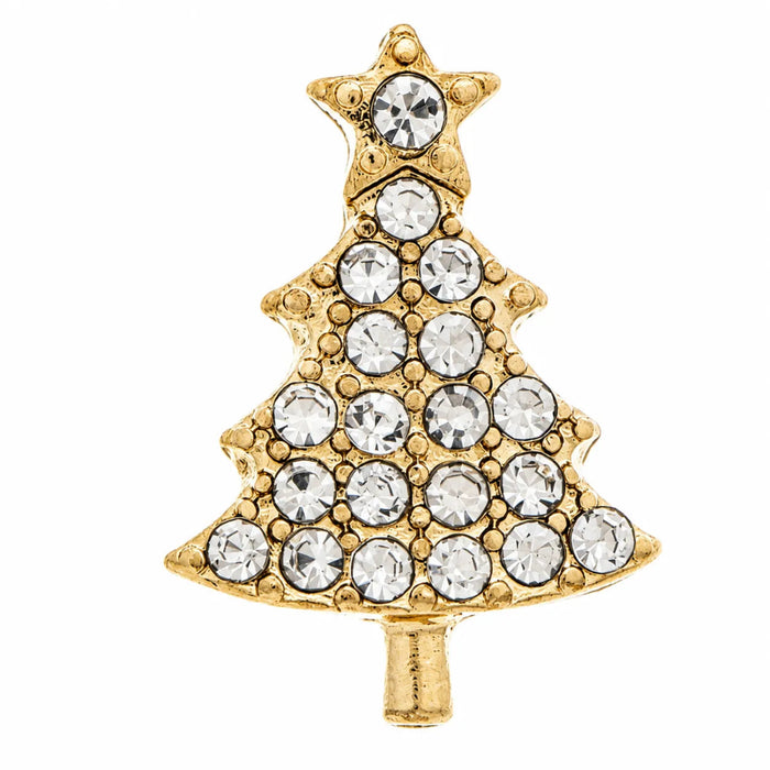 Gold-tone Christmas tree post earring featuring clear crystal accents and a star-shaped top, on a white background.