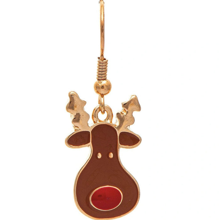 Rain Jewelry gold-tone whimsical reindeer earring featuring a playful brown reindeer design and festive holiday details.
